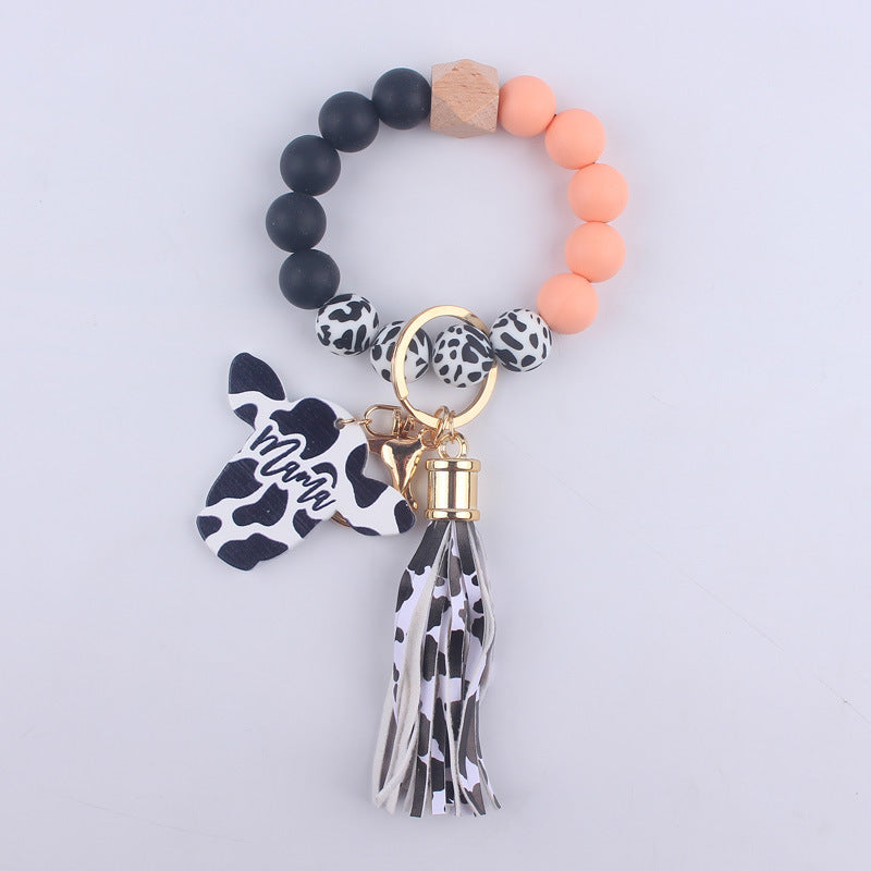 Wholesale MAMA Wood Chips Cow Head Western Style Silicone Beads Wrist Keychain